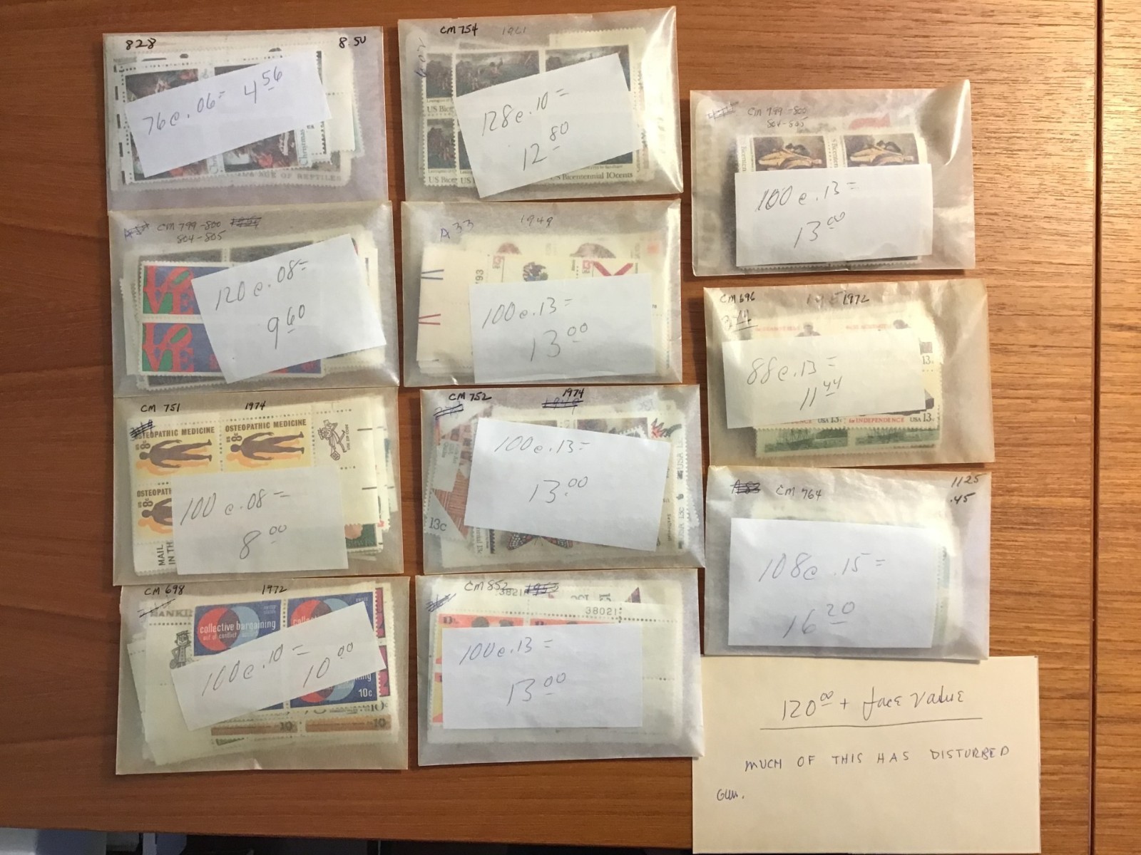 120.00 + FACE VALUE - LOWER DENOMINATIONS-MUCH WITH BAD GUM - FREE SHIPPING