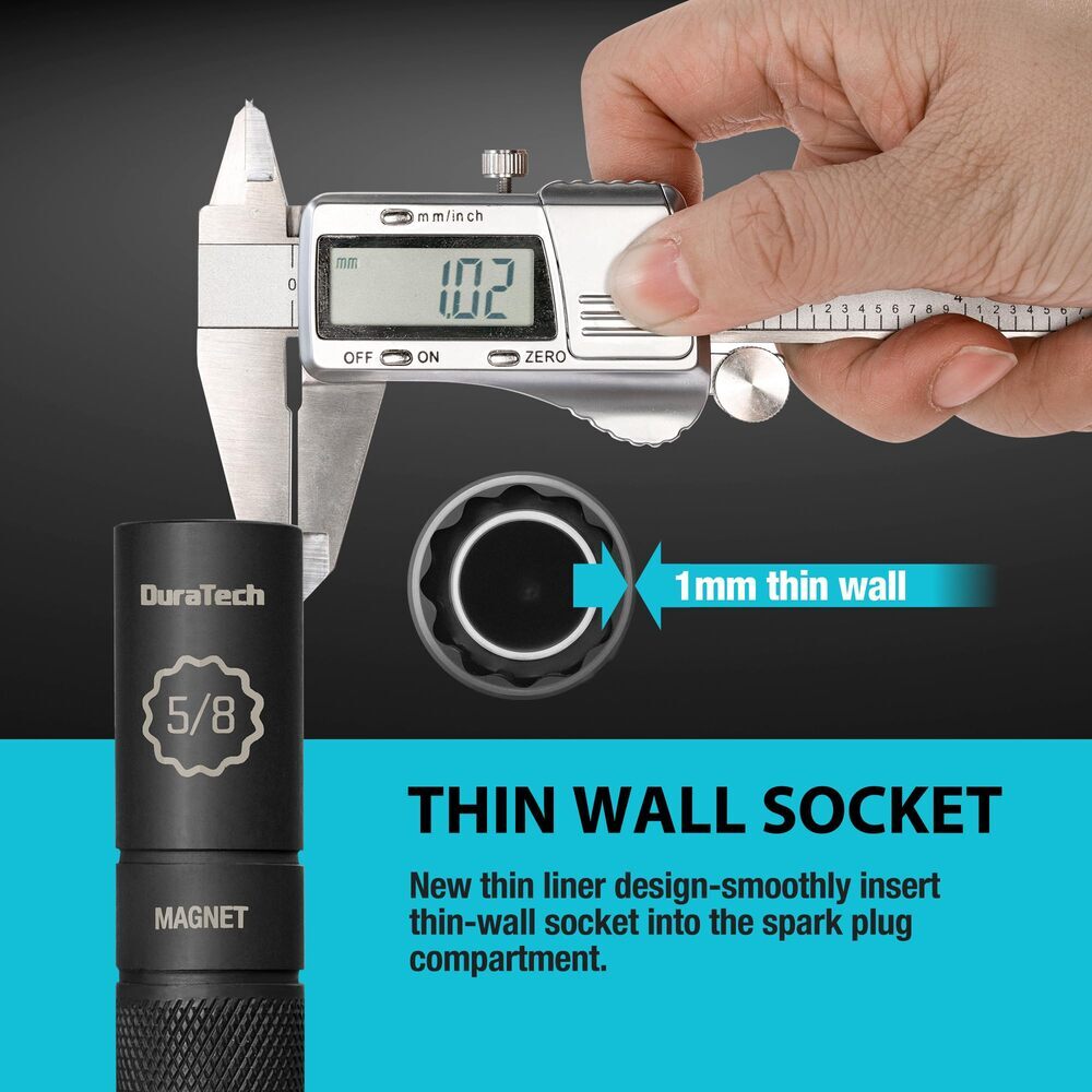 DURATECH 5/8" Swivel Magnetic Spark Plug Socket 1MM Thin Wall 3/8"Drive x4" 12PT