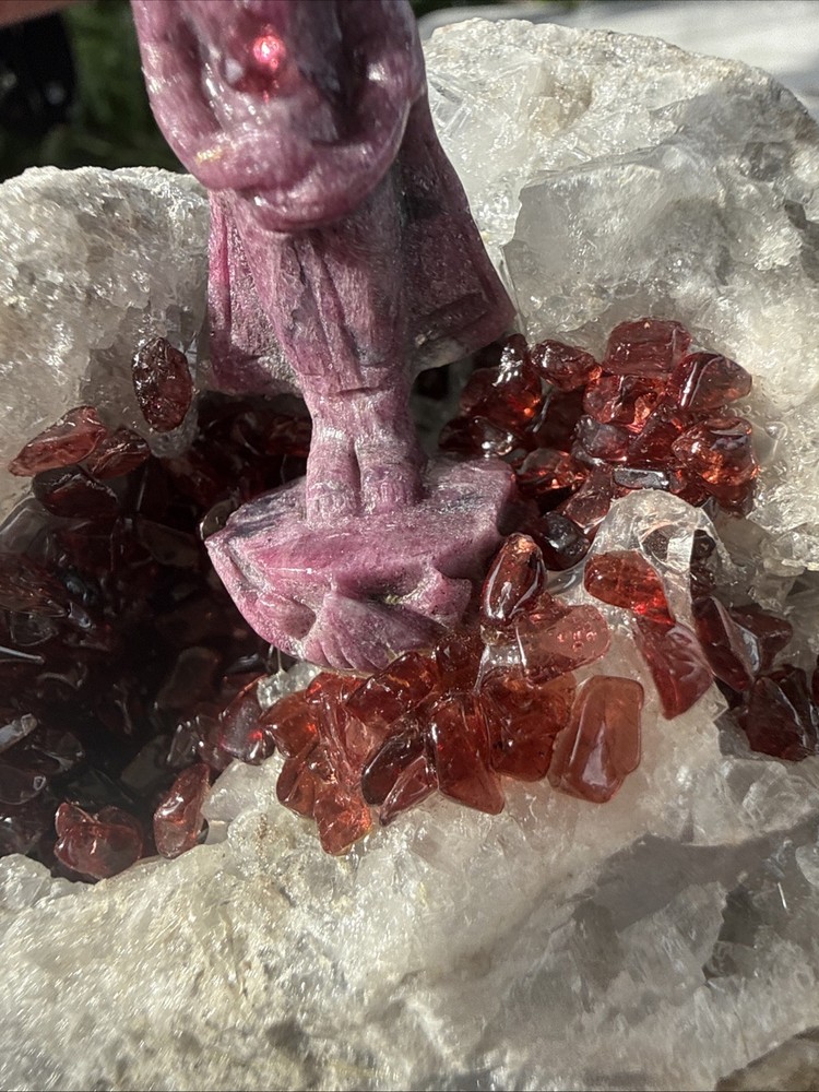 Carved Ruby Buhda On Ocean Jasper Faced Rough, Incredible Orbs Red Crystals 6”