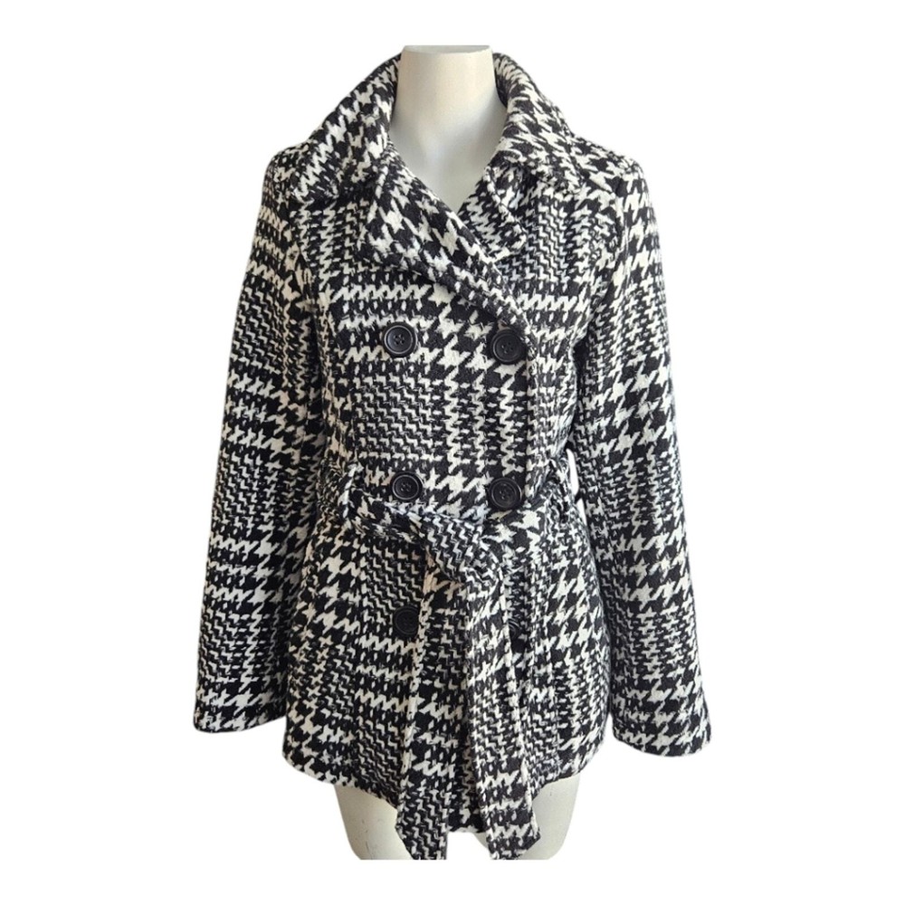 Me Jane Herringbone Pattern Lined Coat Button Front With Belt & Pockets Sz Small