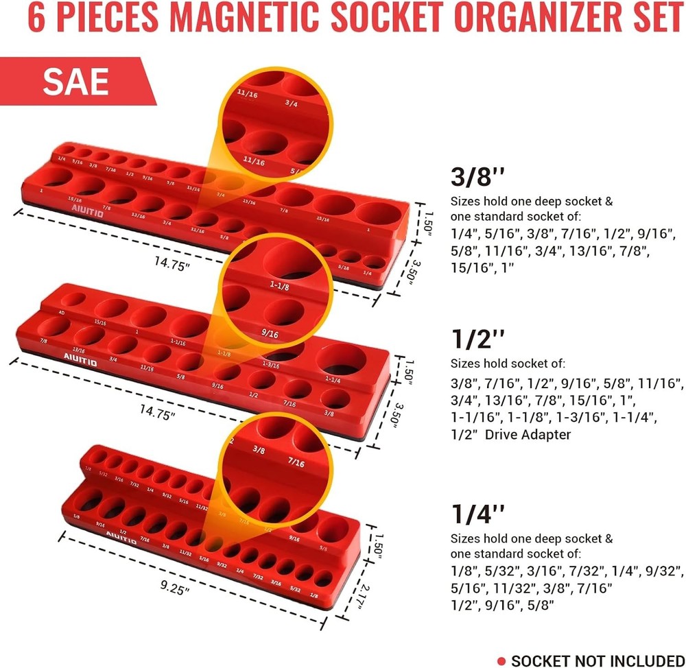 Ultimate Magnetic Socket Holder Set for 1/4", 3/8", 1/2" Standard & Deep Sockets