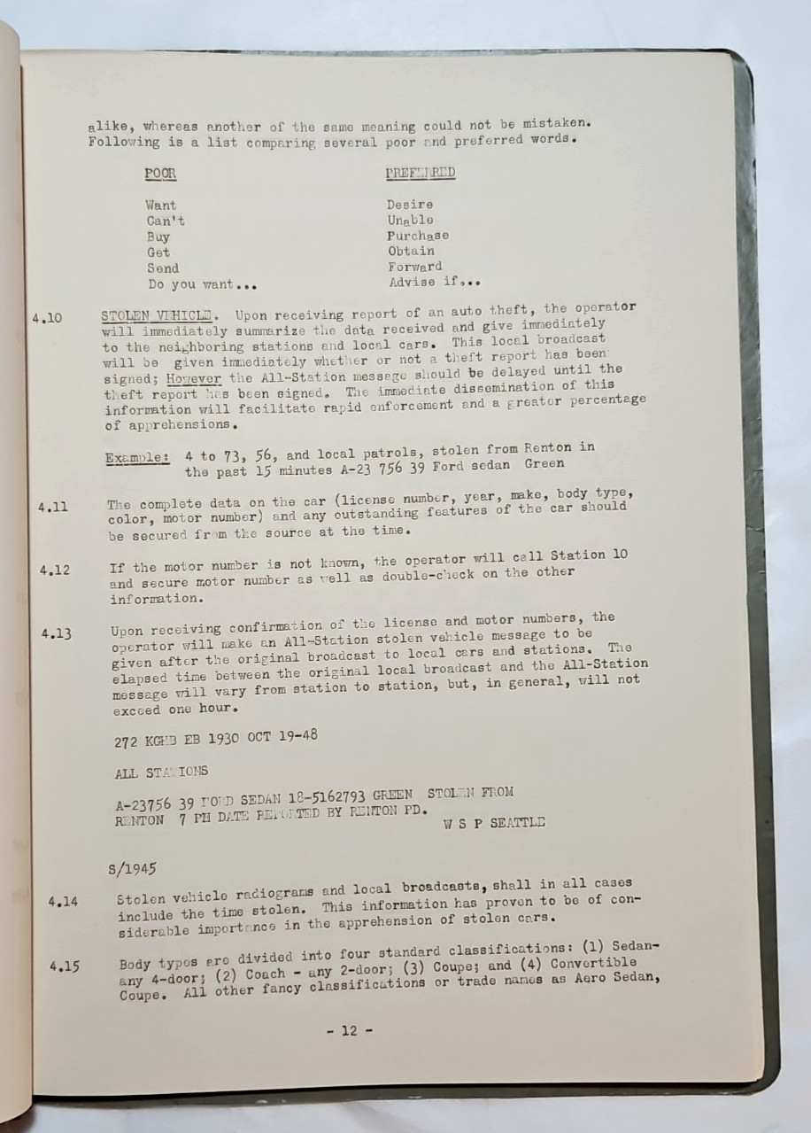 Washington State Patrol, Official 1947~48 Edition Radio Operator's Manual 46pg.