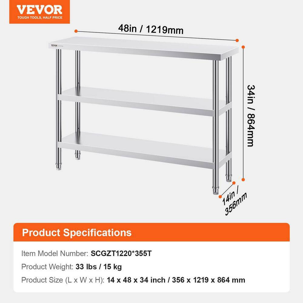Kitchen Prep Table 14 X 48 X 34 In. BBQ Prep Table with 2 Adjustable Undershelf