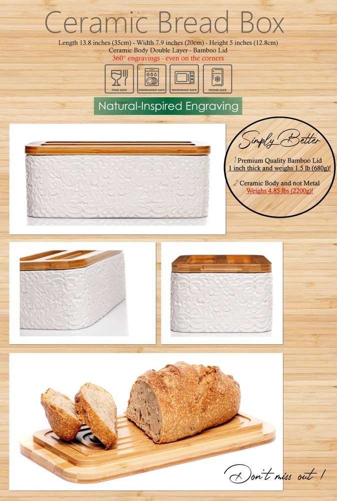 Engraved Ceramic Bread Box for Kitchen Countertop - Multipurpose Bread Storag...