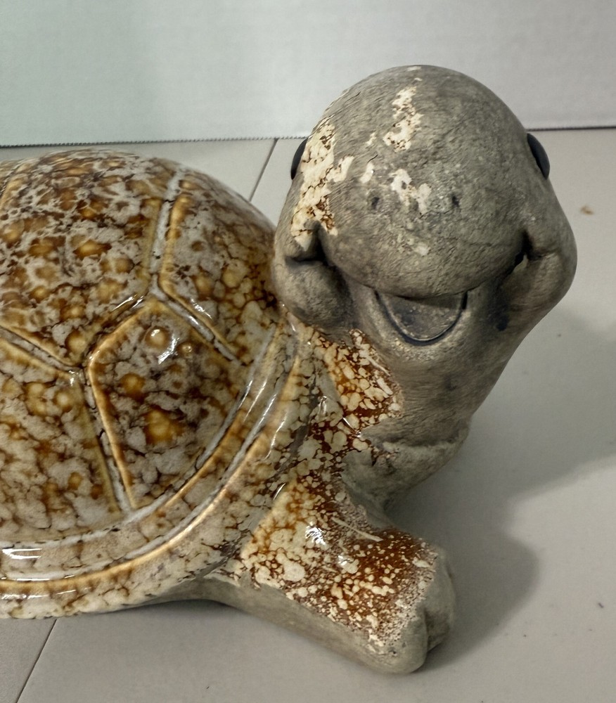 Ceramic Turtle Tortoise Figurine With Glazed Marbled Shell Clay Head Up