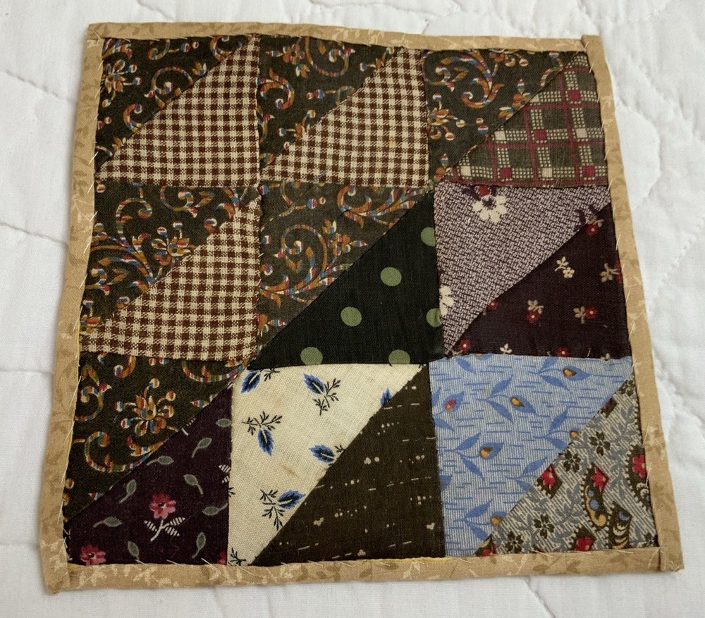 Antique Patchwork Quilt Table Topper, Nine Patch, Triangle, Early Calicos, Brown
