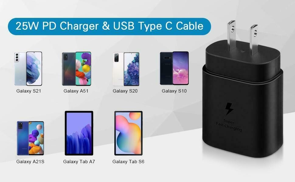 25W Type C USB-C Cable Super Fast Wall PD Charger For Samsung Galaxy S20 S21 S22
