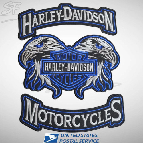 Harley Davidson Blue Double Eagle With Rocker Set Embroidered Patch FreeShipping