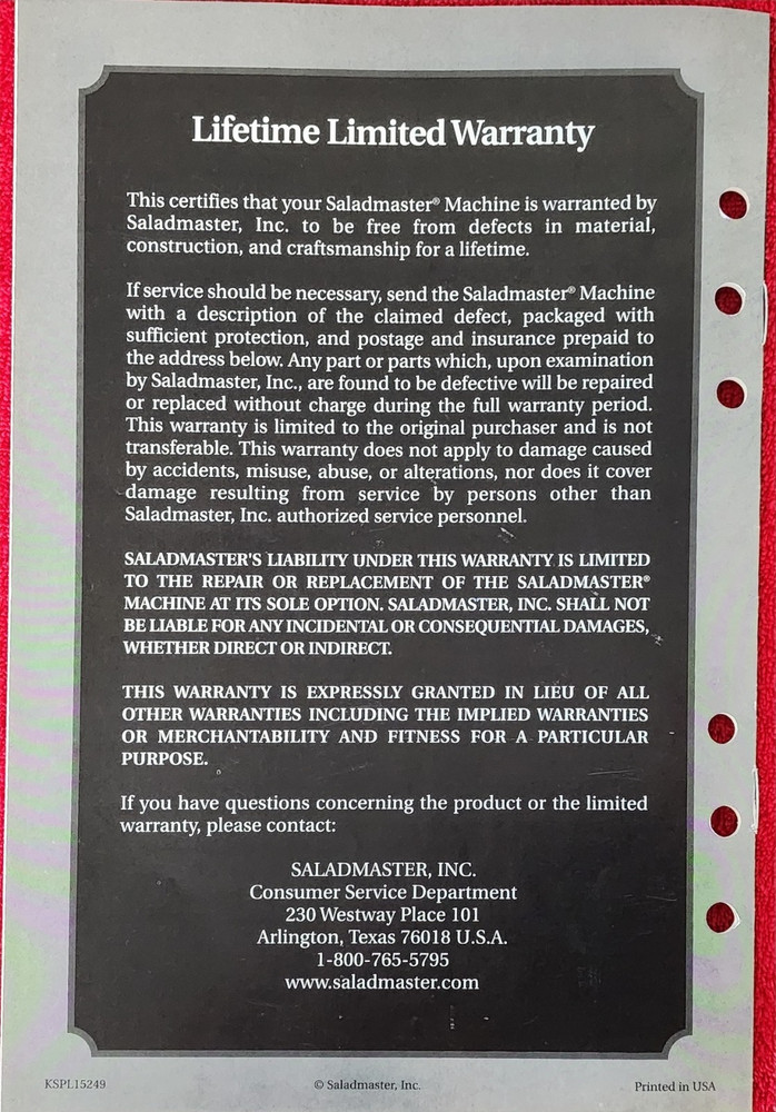 Saladmaster Machine 5N5 Instruction Manual 1990s Using Machine, Cutting Cones