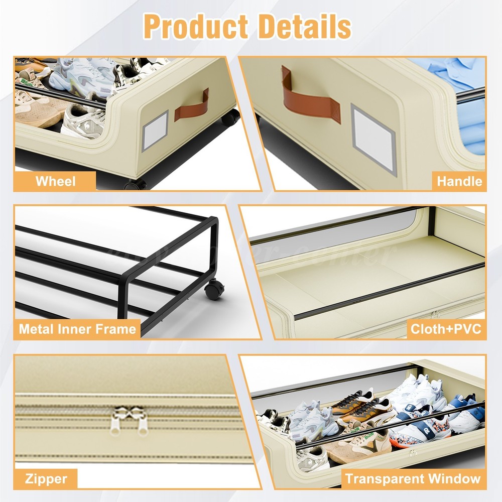 4-Pack Under Bed Storage Box with Wheels - Square Underbed Organizer