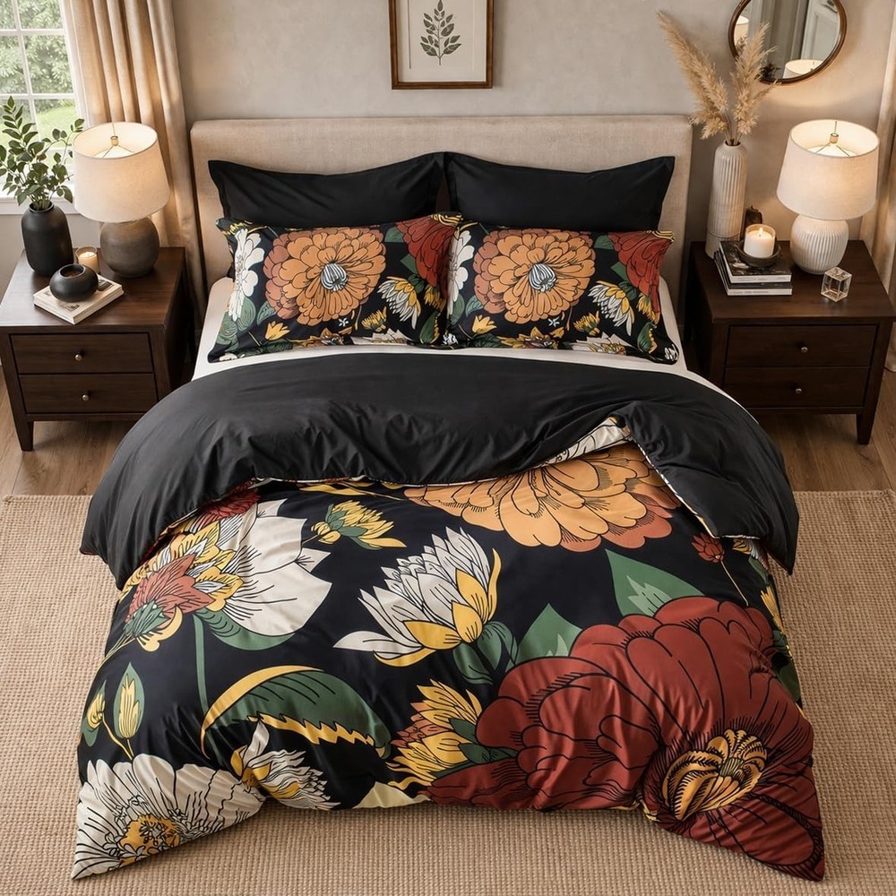 Black Boho Floral King Comforter Set 3Pc Reversible Bedding Set