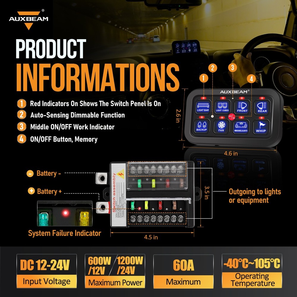 AUXBEAM Blue BB80 8 Gang on-off Switch Panel Automatic Dimmable System For Ford