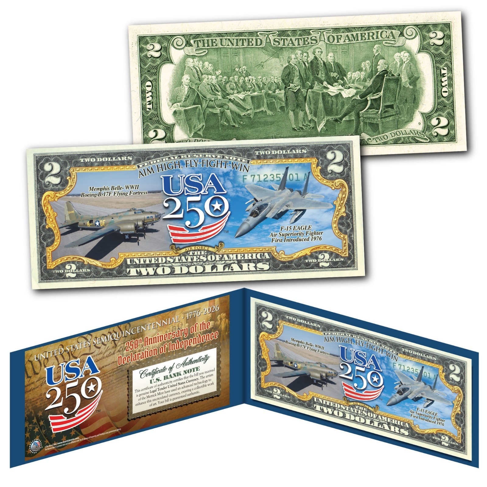 AIR FORCE - USA America 250 Anniversary WWII Memphis Belle F15 Jet U.S. $2 Bill