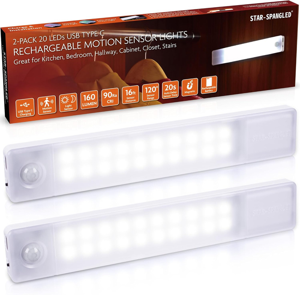 Magnetic cabinet light with motion sensor 8inch LED light 2pack USB rechargeable