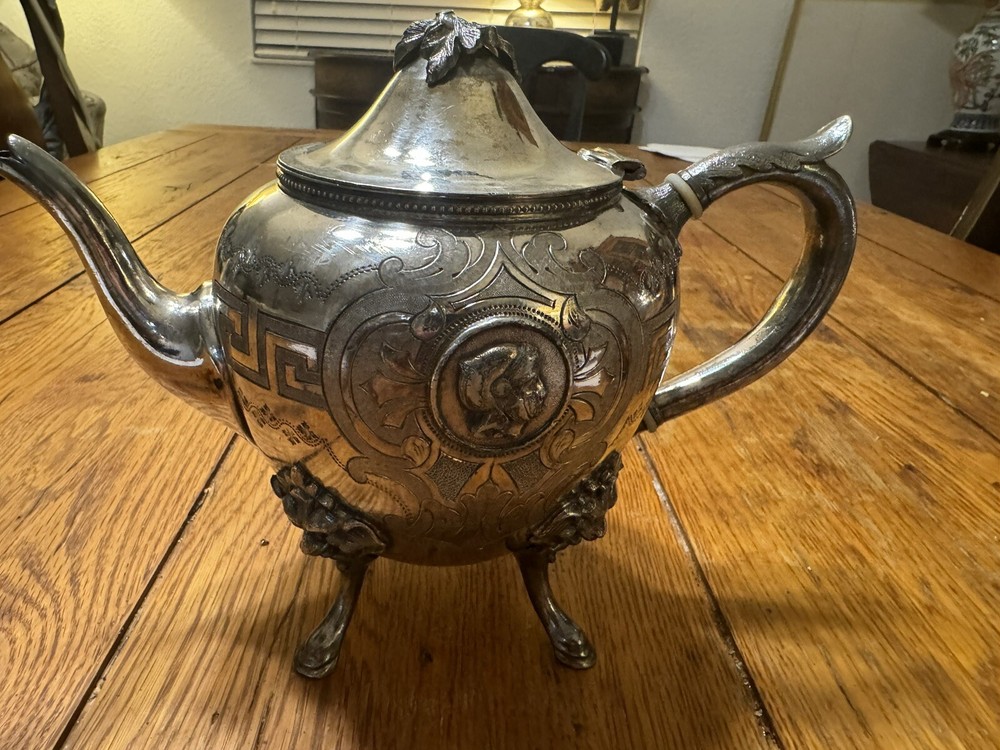 ANTIQUE Rodger Smith & Co Silver Plated Greek medallion Tea Pot With Lions