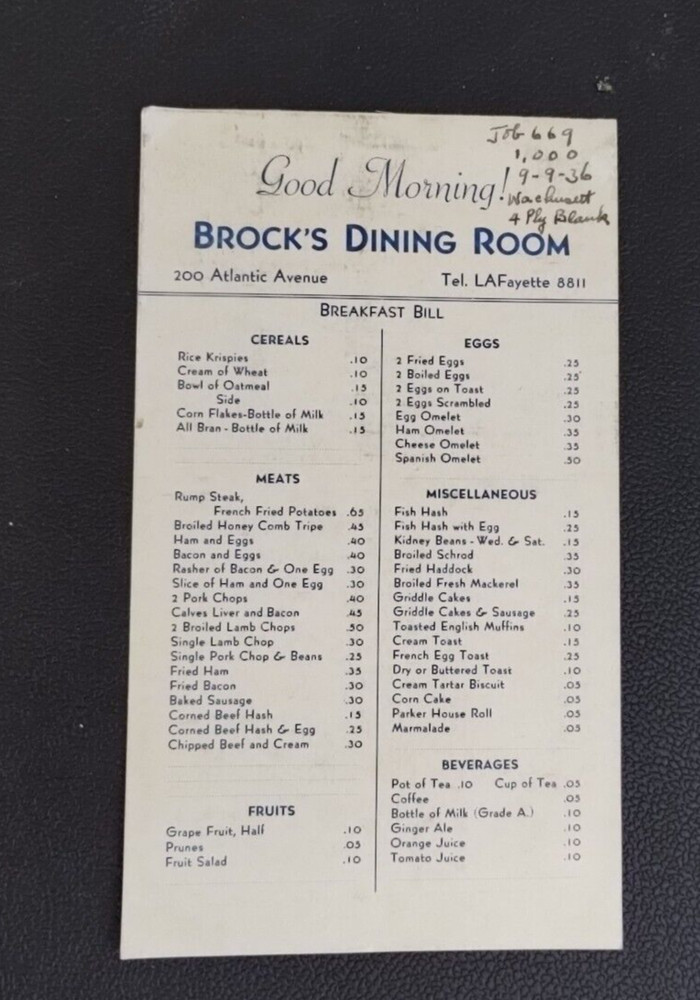 ANTIQUE Menu Brock's Diner 200 Atlantic Avenue LAFayette