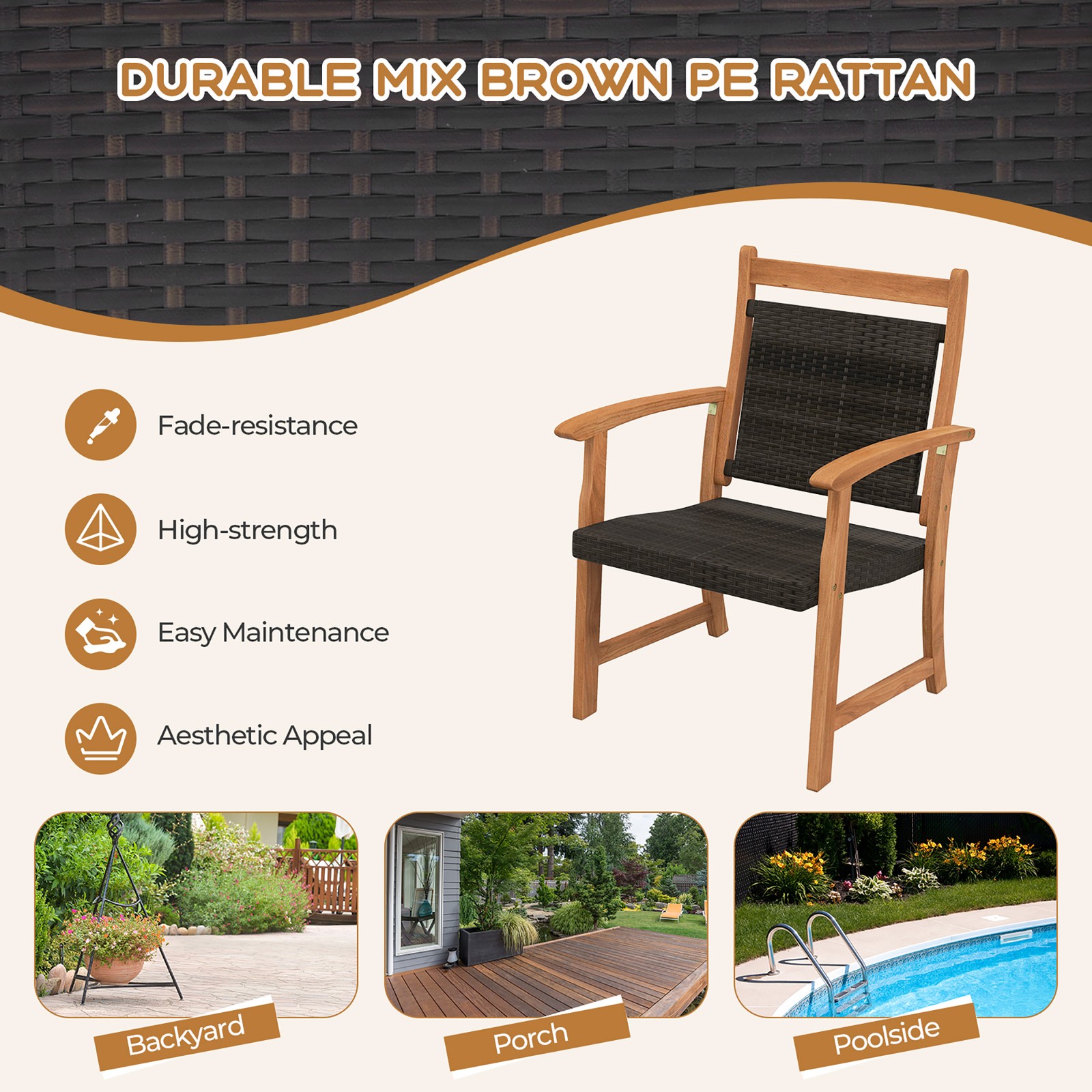 3PCS Patio Acacia Wood Rattan Bistro Set Outdoor Conversation Furniture Set