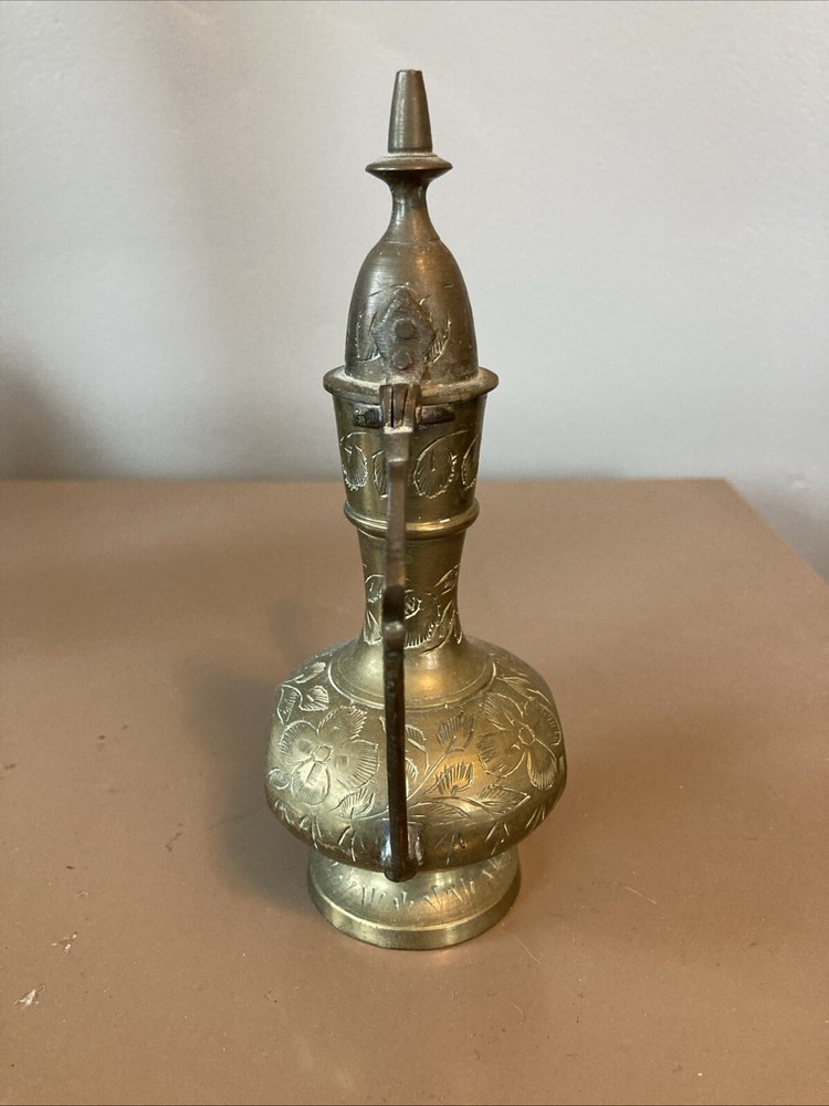 Pair 2 Indian Middle Eastern Etched Dallah Brass Coffee Pots