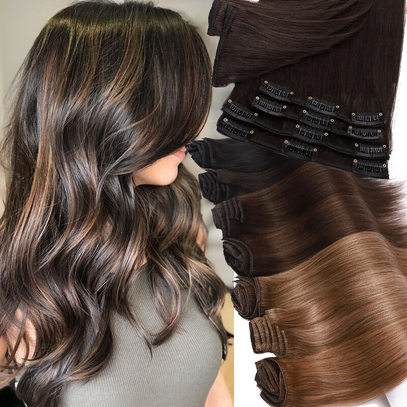 CLEARANCE 100% Real Remy Hair Clip In Human Hair Extensions FULL HEAD 8A Caramel