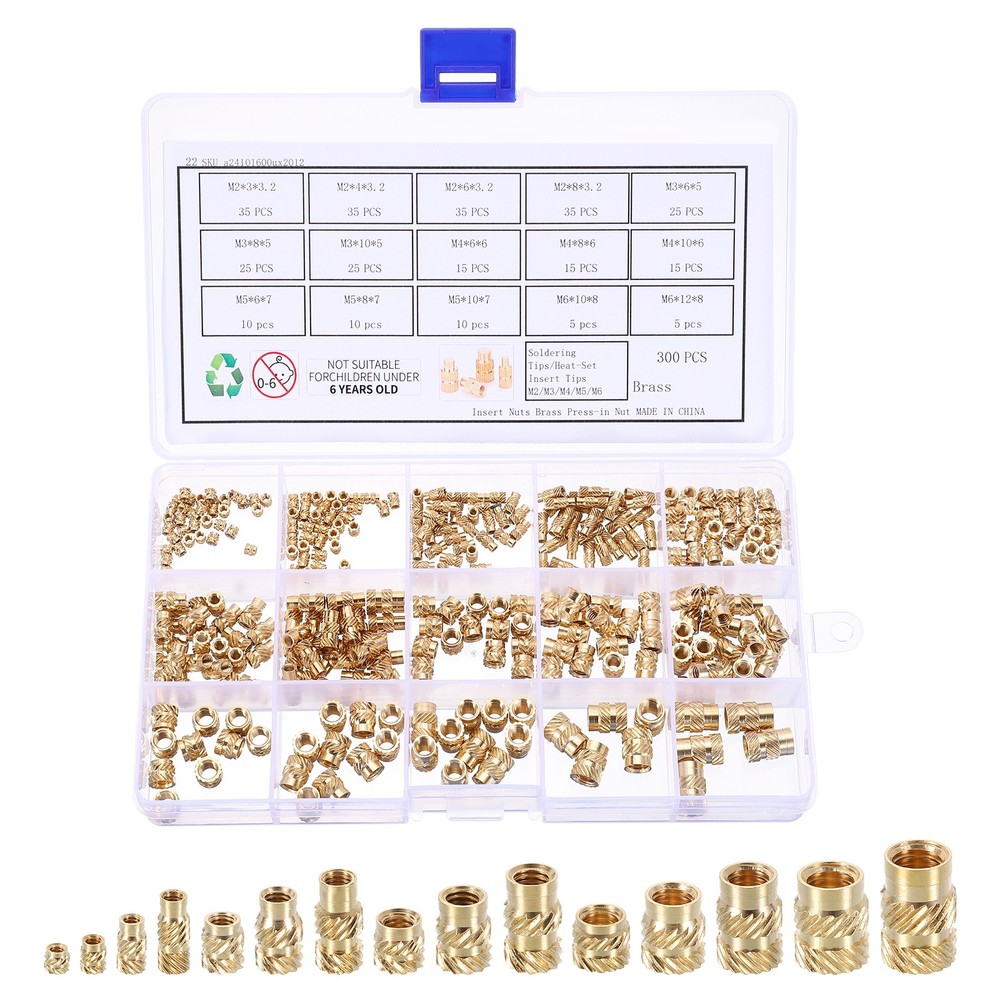 300pcs M2 M3 M4 M5 M6 Metric Threaded Inserts with Heat Set Insert Tips
