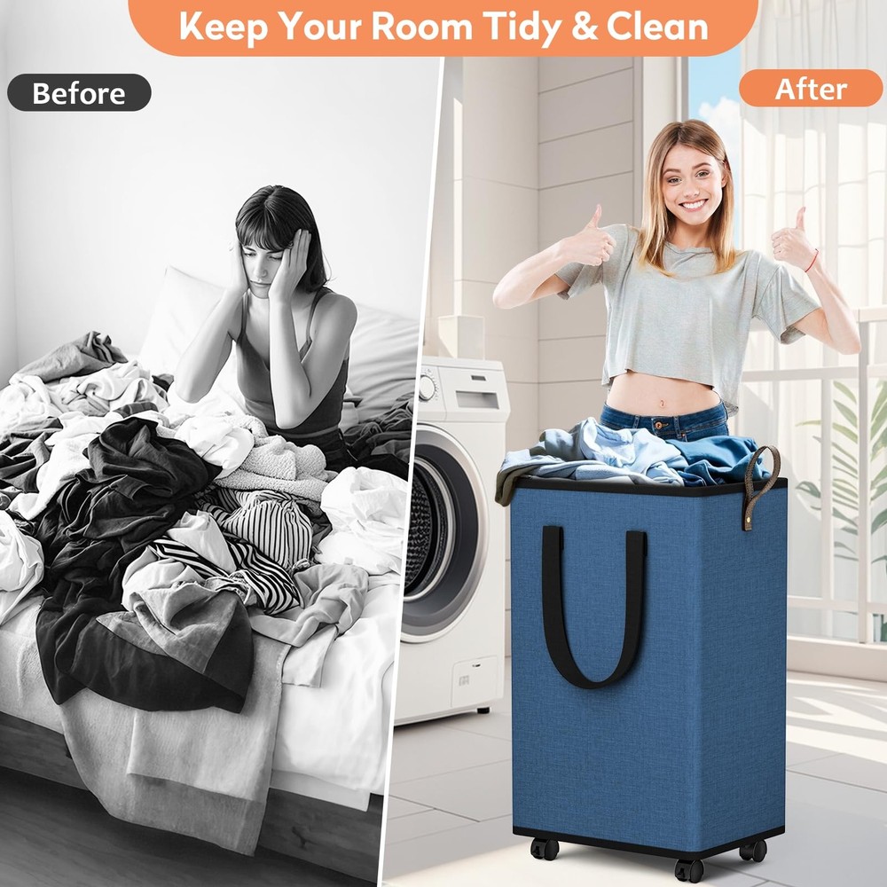 SpaceTrove Laundry Basket with Wheels, Collapsible Baskets, 80L, Navy
