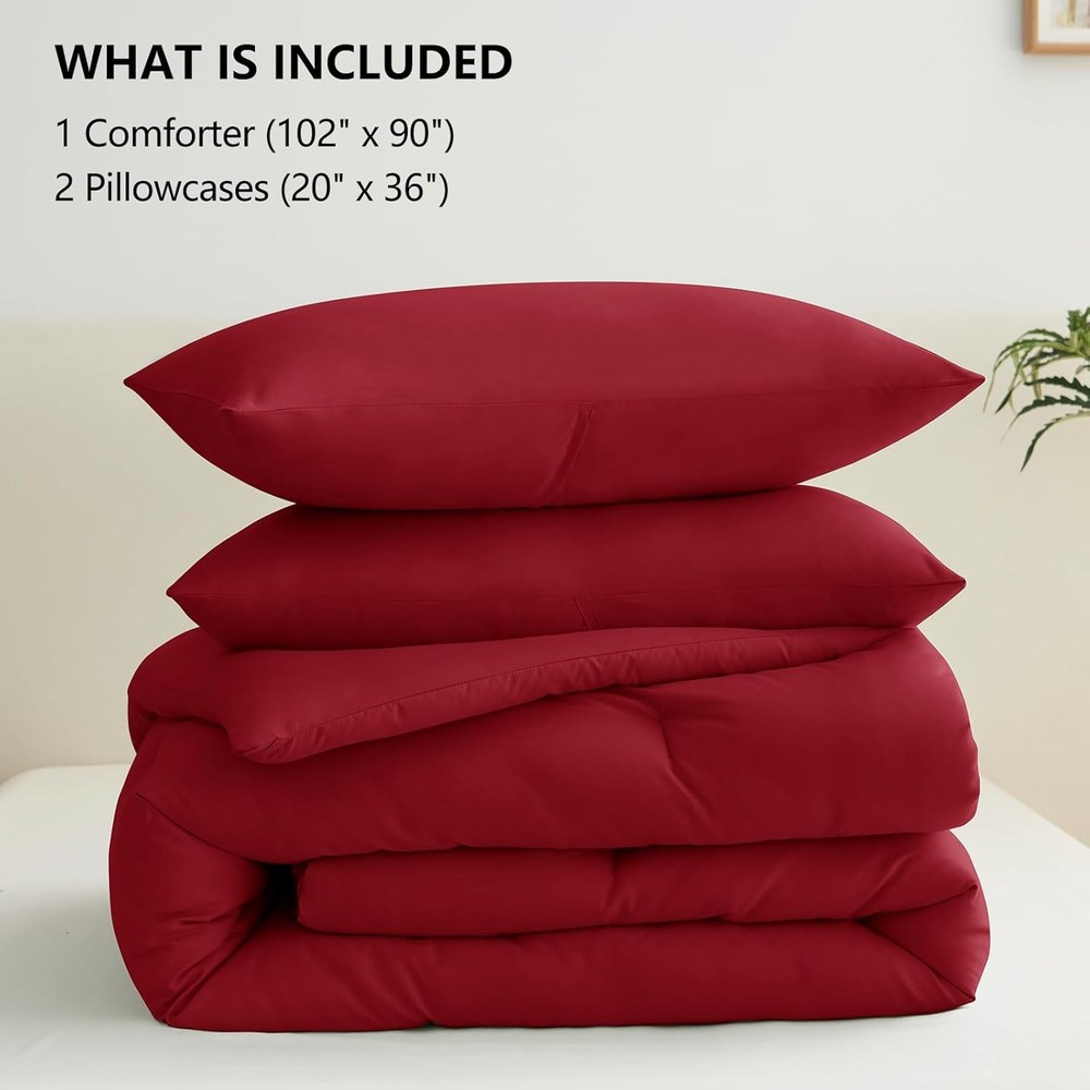 King Size Solid Comforter Set Dark Red 1 Comforter & 2 Pillowcases Quilted Soft