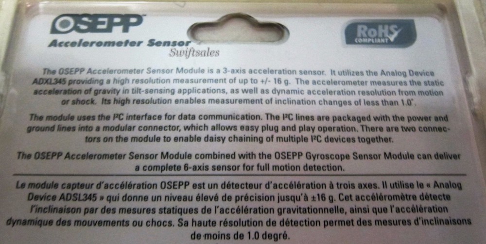 OSEPP ACCEL‑01 Arduino Compatible Accelerometer Sensor Module - New Sealed Pack