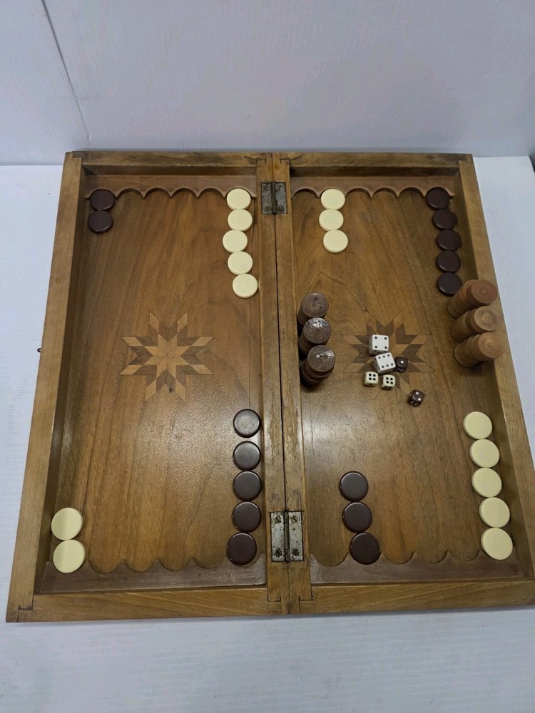 Vintage Wooden Handmade Middle Eastern Chess Board Backgammon Set