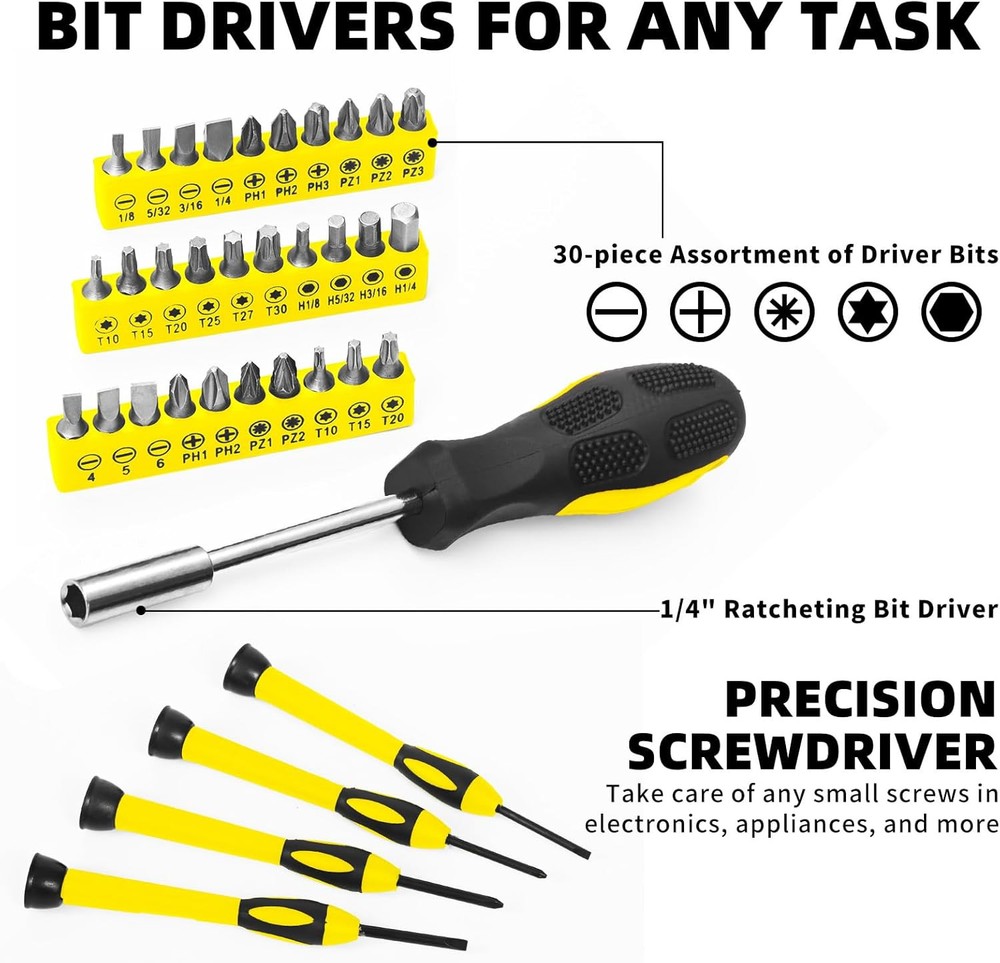 58-Piece Tool Kit Basic Home Repair Set, General Household Hand Yellow