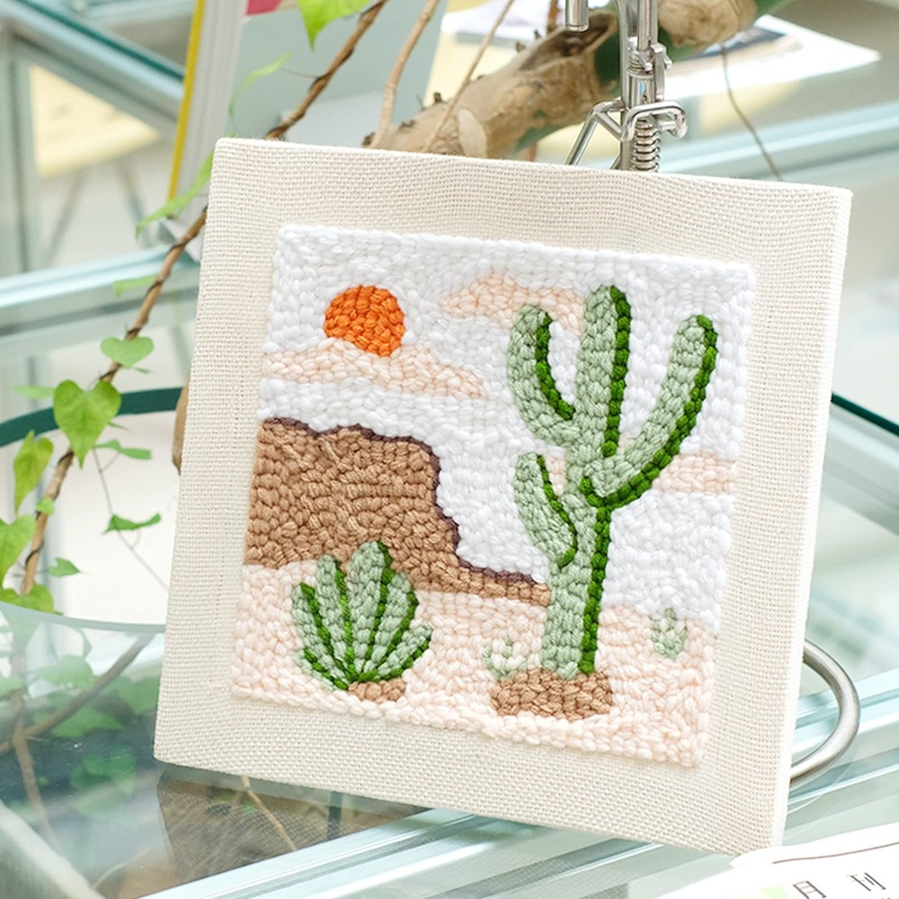 Cactus Punch Needle Kit, 9.4" x 9.4" Beginner Rug Hooking Kit with Adjustable...