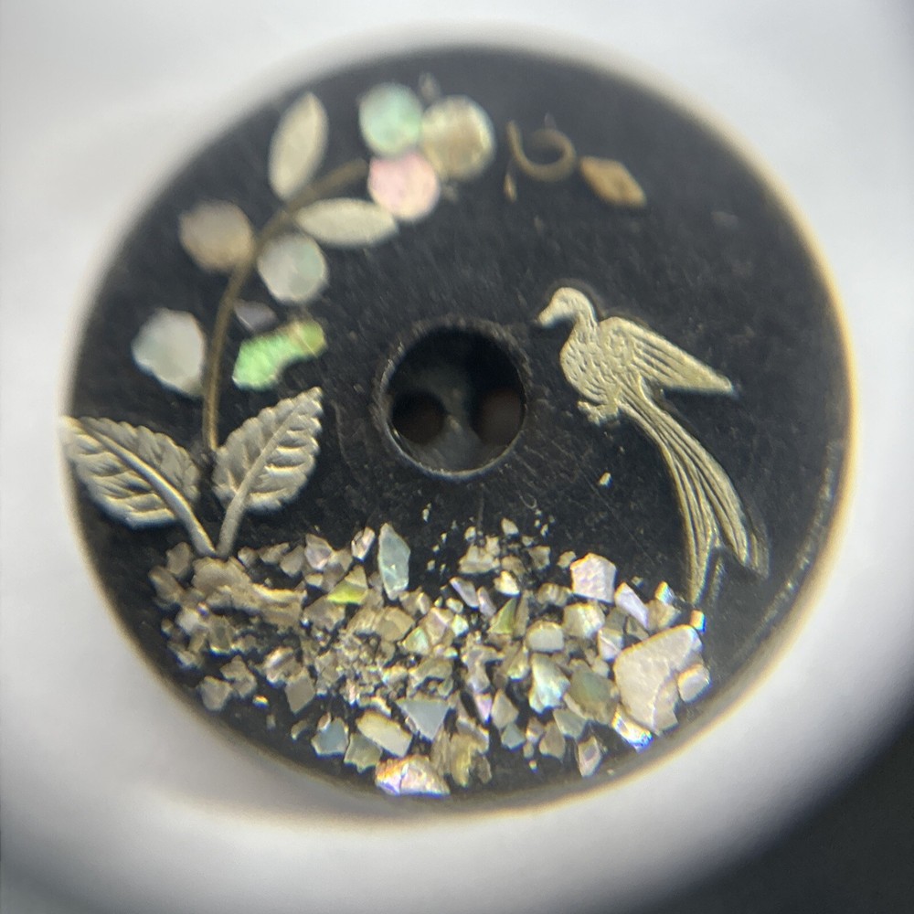 Vintage Sewing Button Phoenix With Flowers Inlay