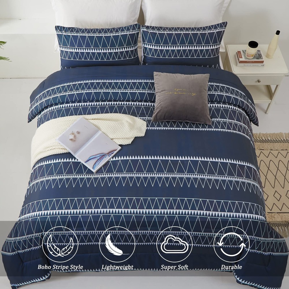 WONGS BEDDING Navy Blue Comforter Set Queen, Reversible Boho Triangle Down Al...