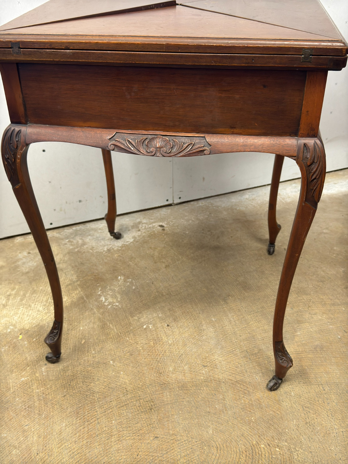 antique french walnut game table handkerchief carved stand card 1800s