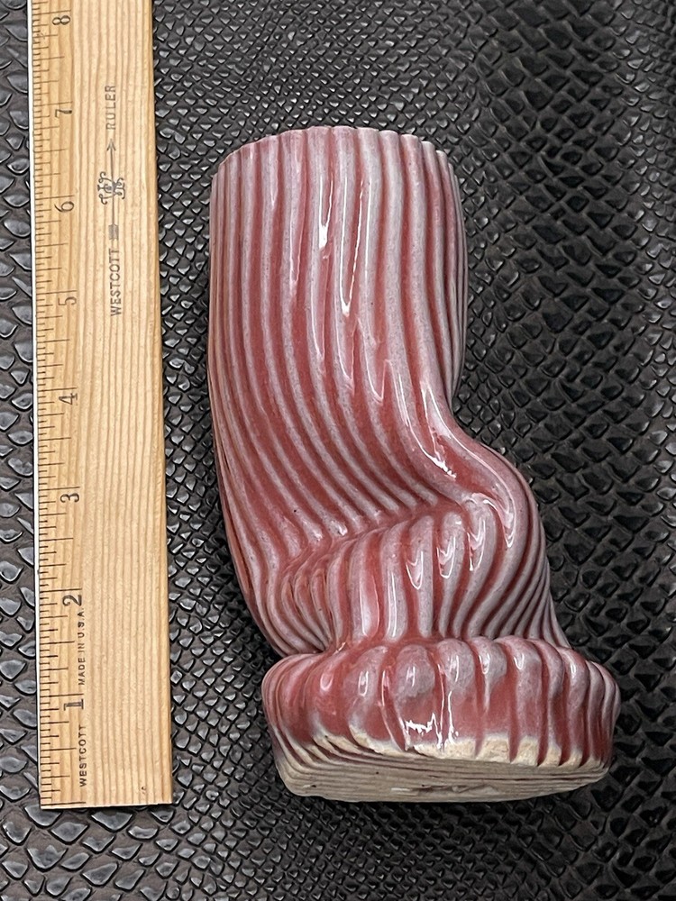 VTG Modernist Free Form Ruby Candy Stripe Glazed Ceramic Vase Signed 6" Tall