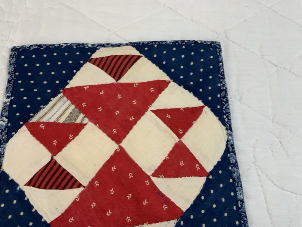 Antique Vintage Patchwork Quilt Table Topper, Four Patch W/ Triangles, Red, Navy