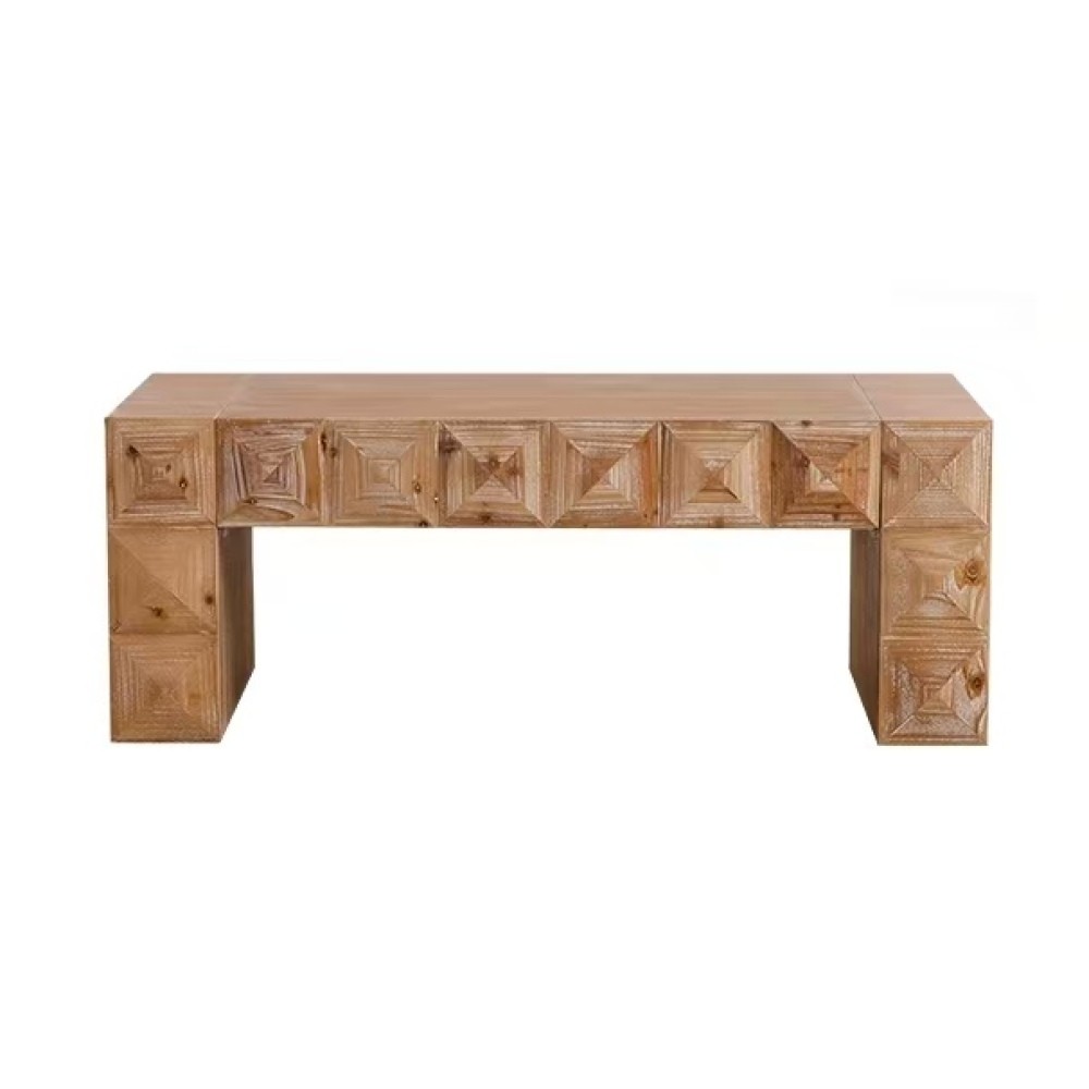 Rustic 3D Carved Geometric Relief Coffee Table, Solid Wood