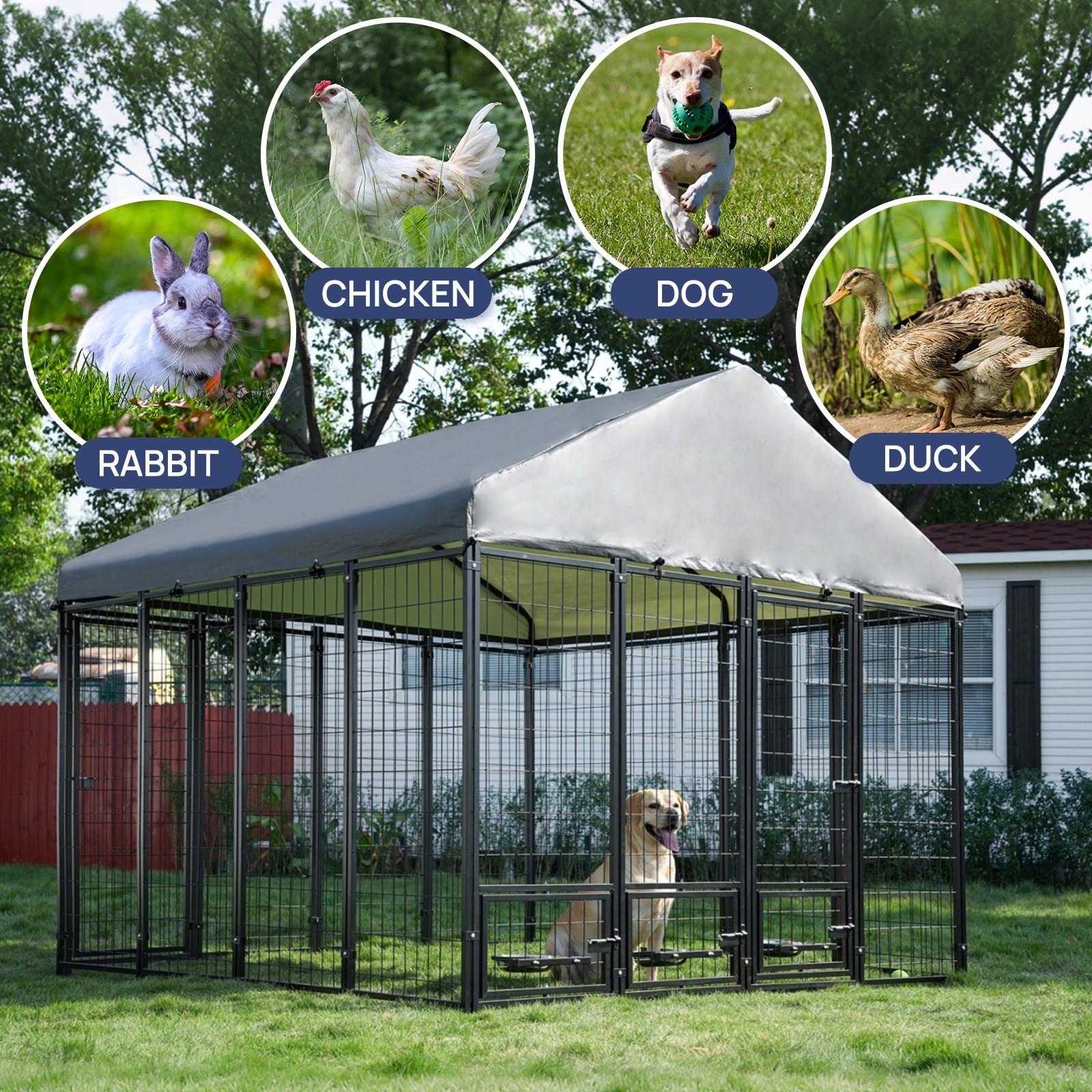 Large Outdoor Dog Cage Fence Dog Playpen Puppy Run with Roof, Double Entry Doors