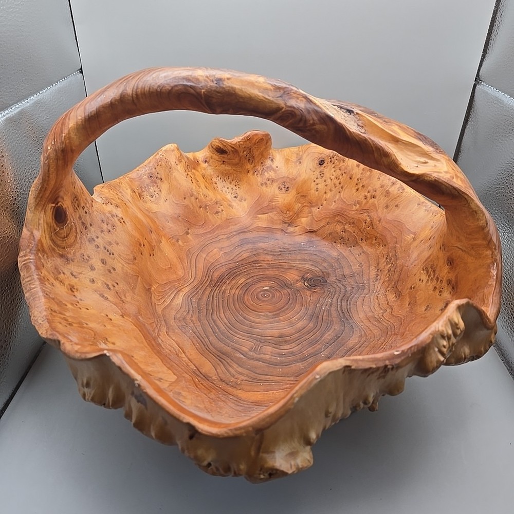 One Piece Solid Natural Burl Wood Handmade Bowl Basket Bumpy Wavy Rustic