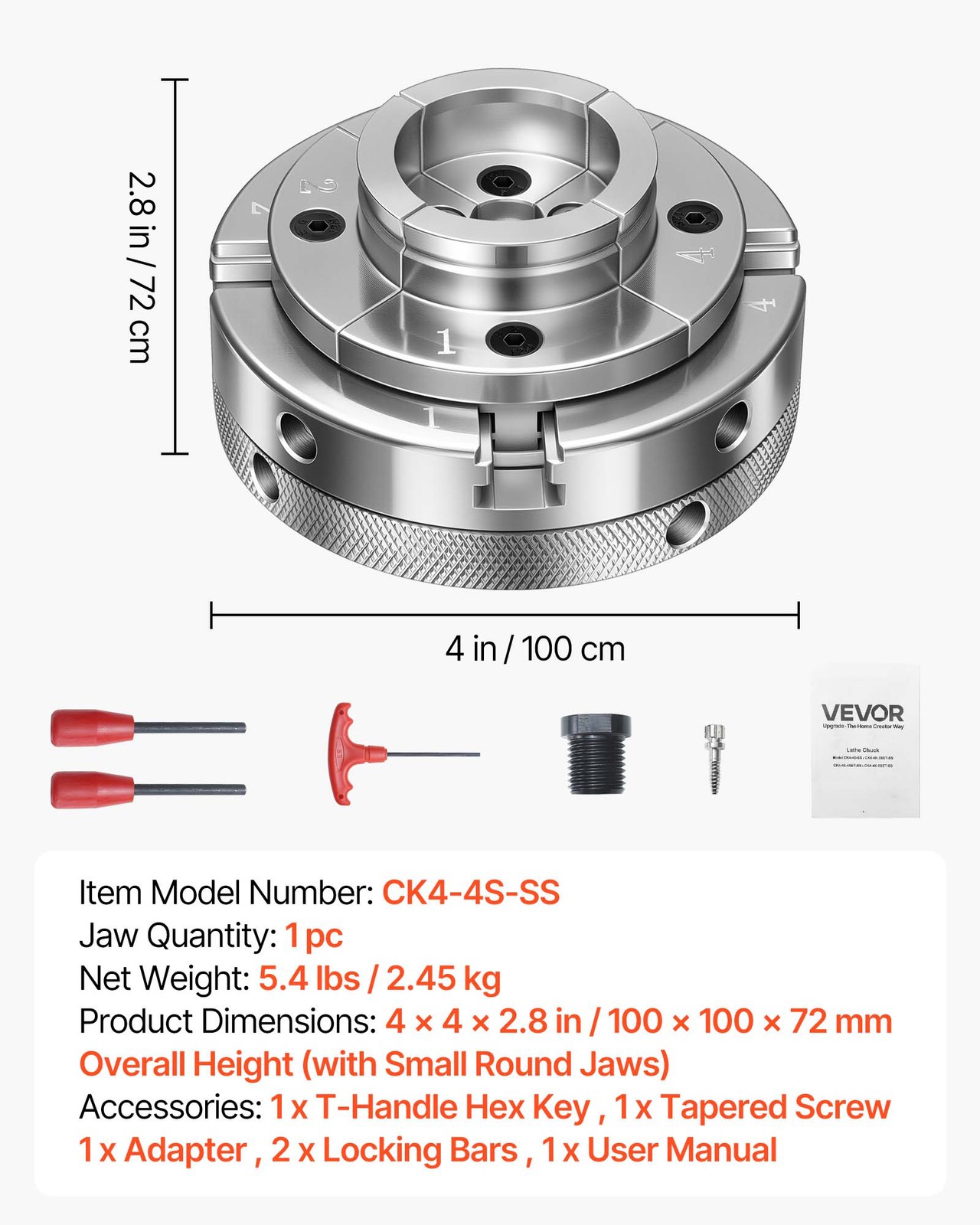 VEVOR 4 Inch Wood Lathe Chuck 4-Jaw Self-Centering Turning Chuck for Woodworking