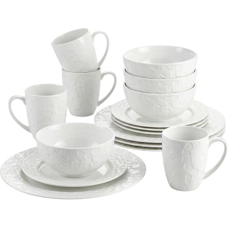 16 Piece Bone China Dinnerware Set Elegant Embossed Design Dining Table New