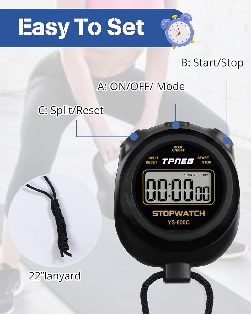 Simple Stopwatch Timer - Easy to Use, Set Up, Read, and Carry - Large Black
