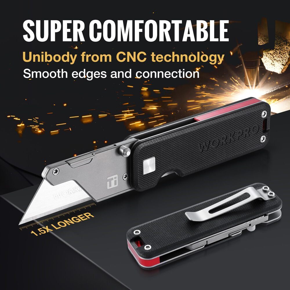 WORKPRO Titanium Folding Utility Knife CNC Unibody Box Cutter Quick Change Blade
