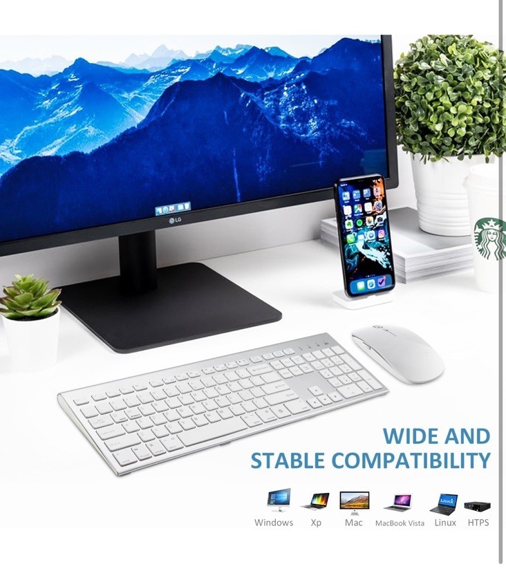 🔥Silver, White Wireless Keyboard, Mouse, Rechargeable Full Size Flat, Thin Set
