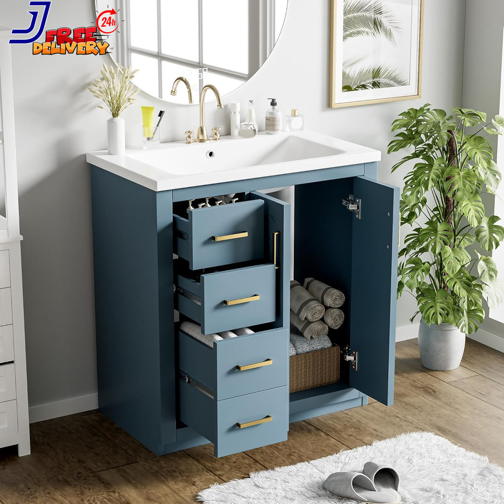 30'' Bathroom Vanity with Ceramic Sink Combo Solid Wood Frame Bathroom Storage