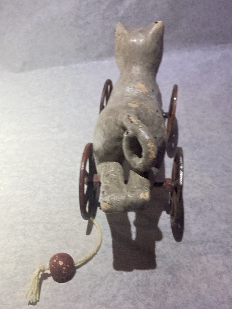 Antique Paper Mache Leaping Cat On Wheels Pull Toy