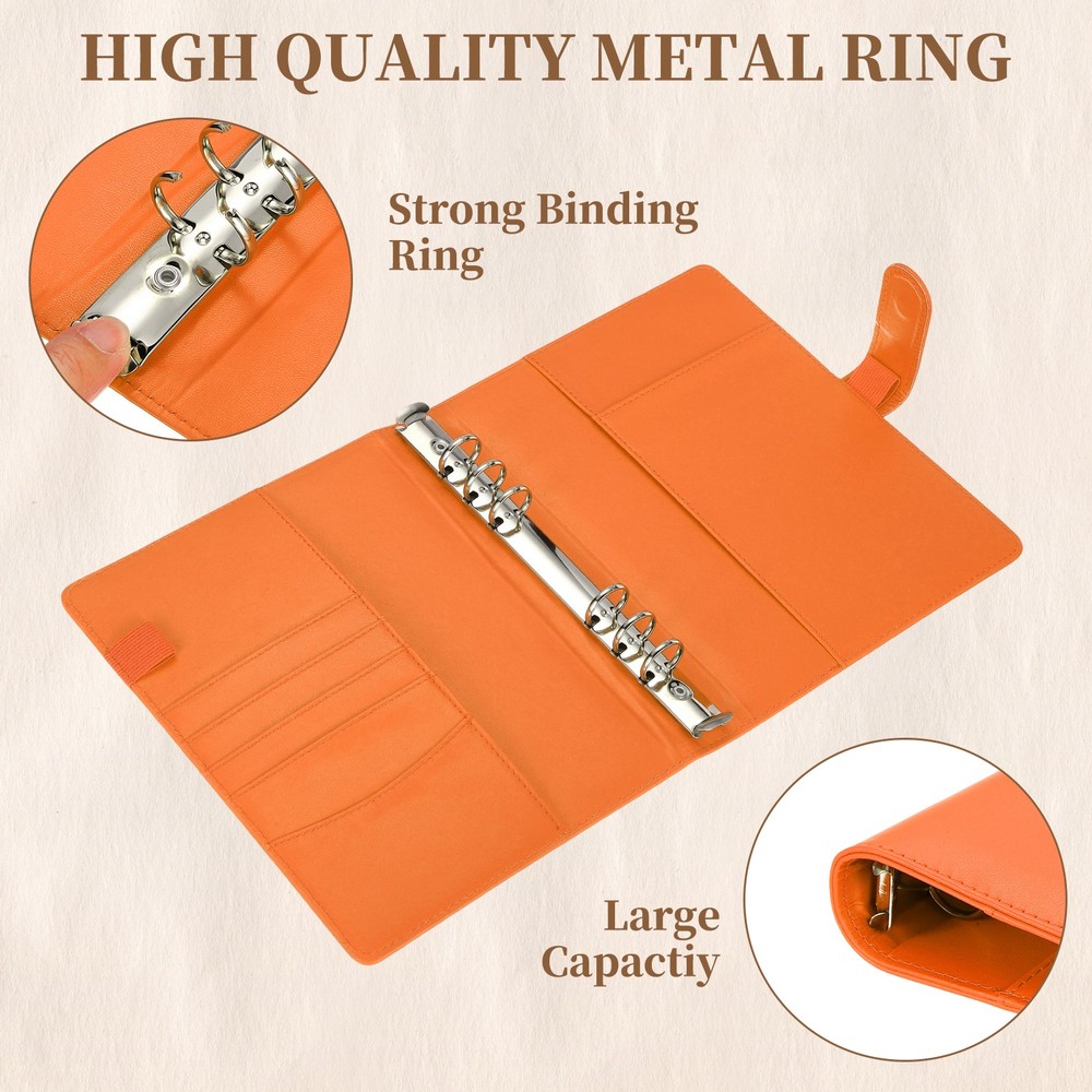 A5 PU Leather Binder Protector, 6 Ring Loose Leaf Notebook Shell, Orange
