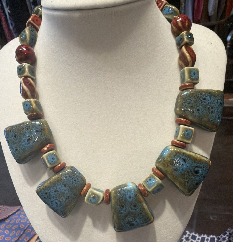Vintage Textured ceramic bead necklace