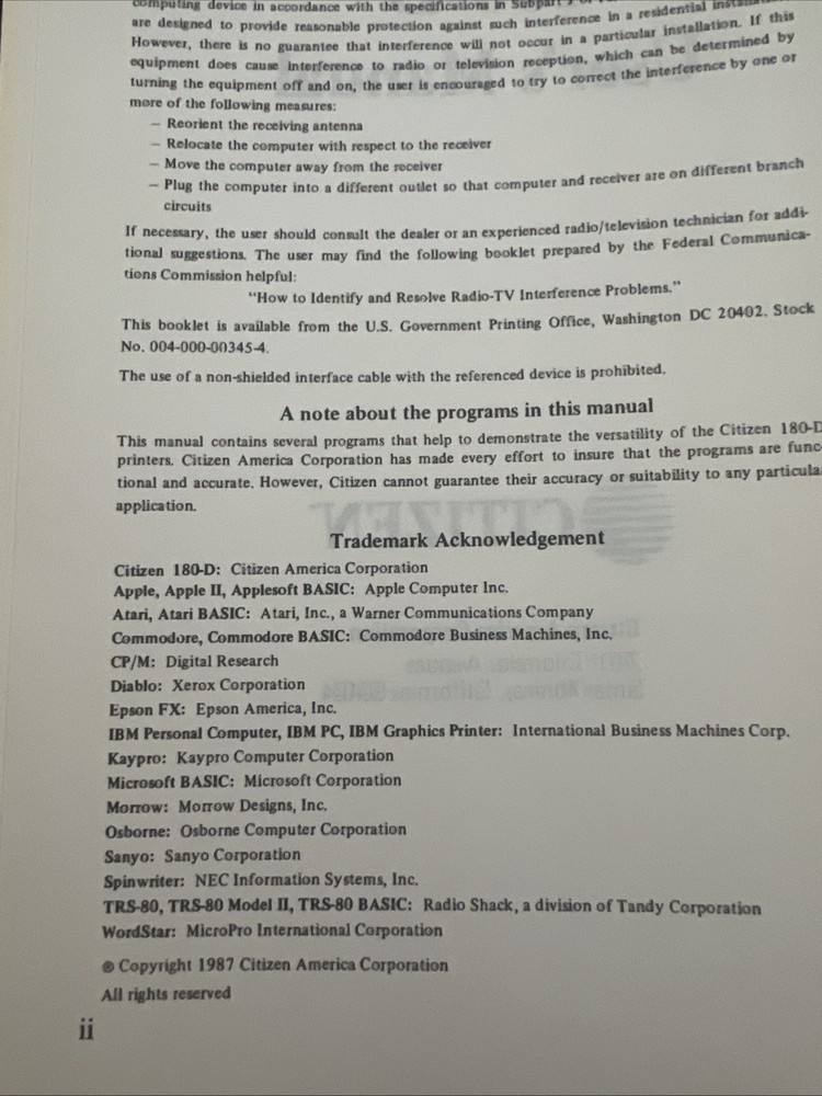 Citizen 180-D Printer - Manual / Users Guide / Instructions Book