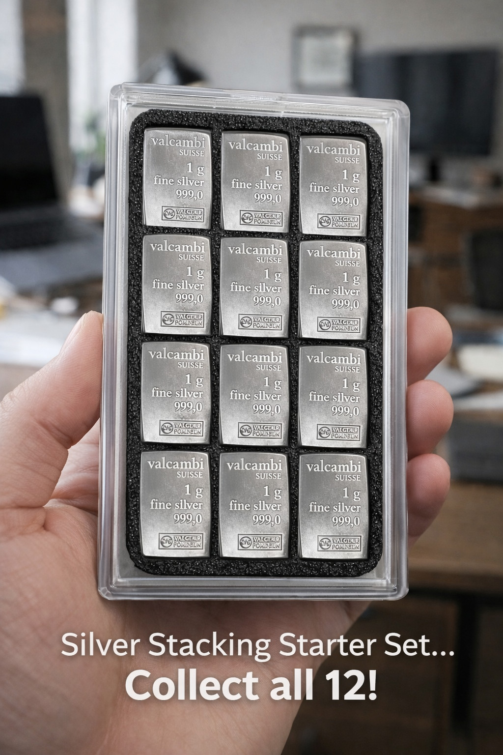 Valcambi 1 Gram .999 Fine Silver Bar w/ 12-Bar Starter Case – Stackable