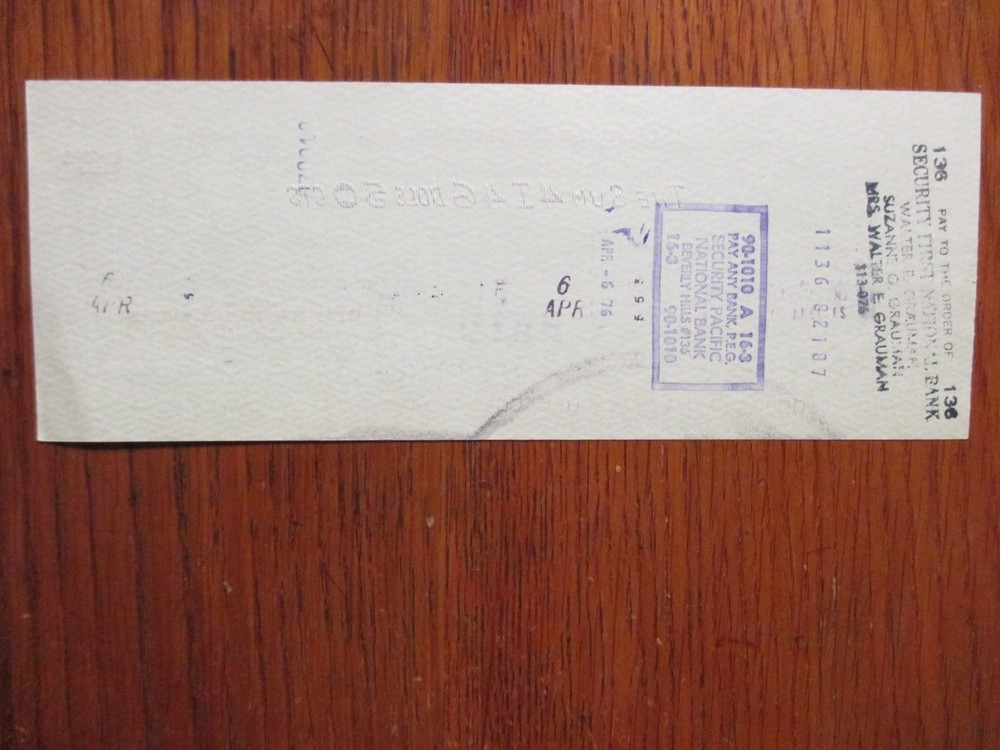 WALTER E. GRAUMAN ("Murder, She Wrote-"director) Signed 1976 Cancelled Check